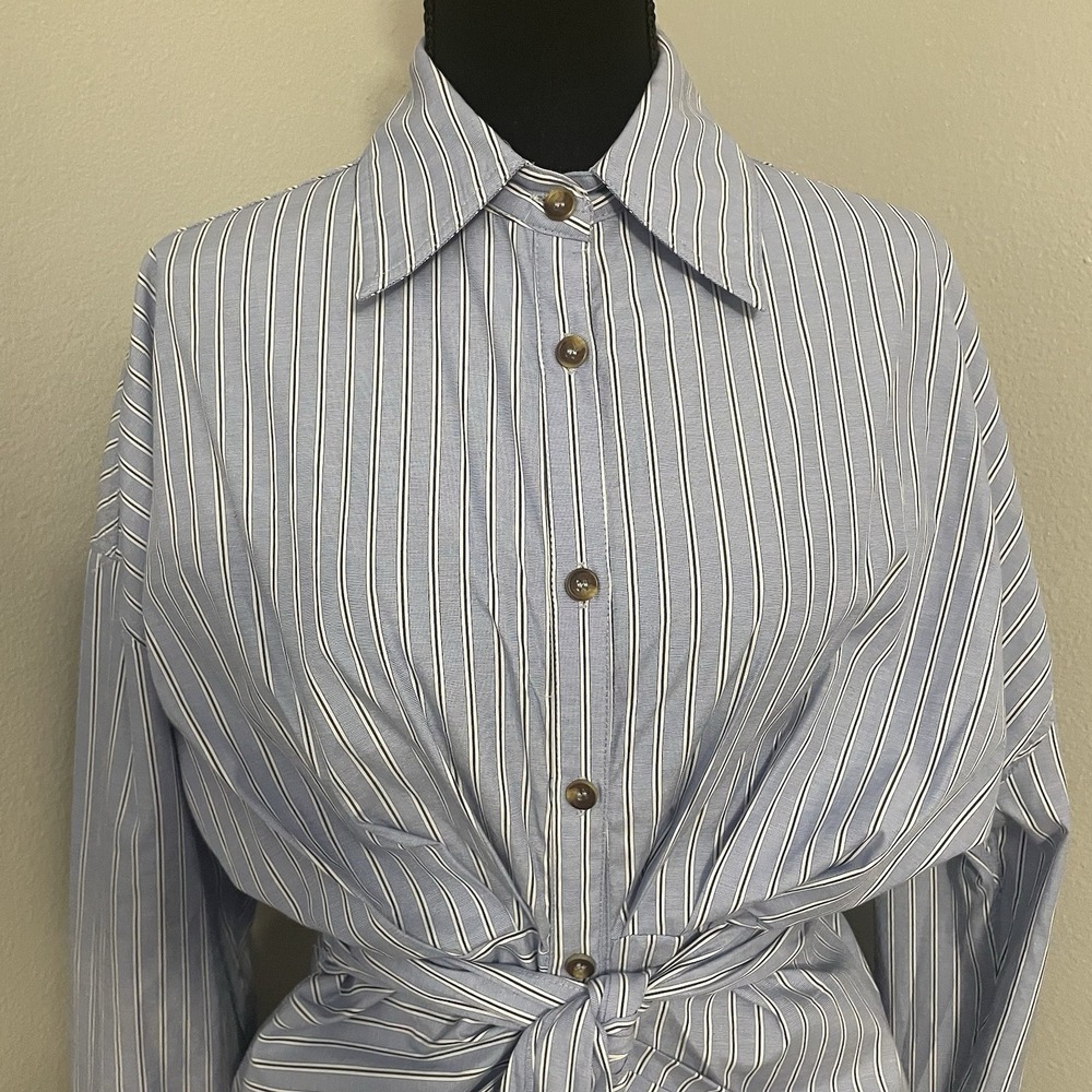 MABLE Sz M Blue/Multi Striped Midi Shirt Dress Front Tie Long Sleeve Coastal - Picture 8 of 15